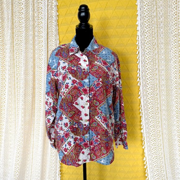 VTG 90s LIZWEAR Floral Paisley Western Cottagecore Long Sleeve Shirt - Picture 4 of 11